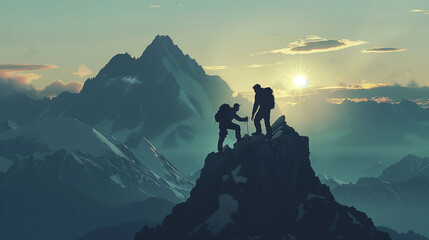 Two hikers on a mountain peak at sunrise with expansive views. - obrazy, fototapety, plakaty