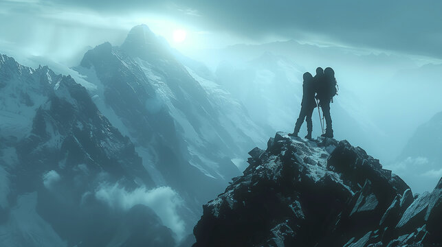 Two climbers on a mountain peak with sunrise and misty landscape in the background.