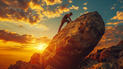 Climber ascending a steep rock face with sunset in the background, creating a warm, adventurous atmosphere.