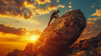 Gordijnen Climber ascending a steep rock face with sunset in the background, creating a warm, adventurous atmosphere. © Another vision