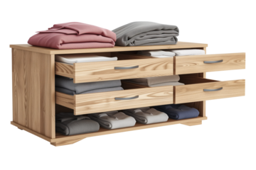Wooden chest of drawers for storing clothes isolated on a white or transparent background. Chest of drawers with clothes pulled out, close-up, side view. Graphic element of furniture in the interior.