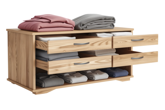 Wooden chest of drawers for storing clothes isolated on a white or transparent background. Chest of drawers with clothes pulled out, close-up, side view. Graphic element of furniture in the interior.