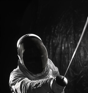 Monochrome image of a fencer in protective gear holding an épée, poised in a stance, with a focus on concentration and skill.