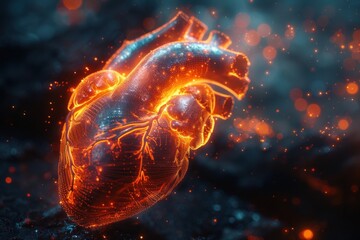 Vibrant glowing orange heart shining brightly on a captivating dark blue background