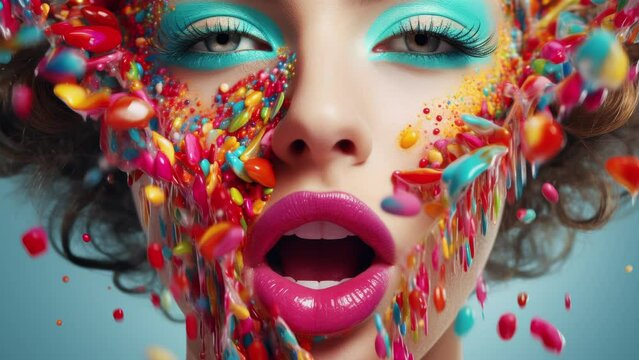 pretty female faces with colourful sweets and candy as makeup made with generative AI