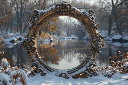 A mirror reflecting a different season, showing winter in the midst of summer's bloom.