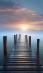 Obraz premium The wooden dock goes into the lake in a foggy morning photo