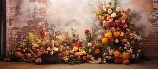 Naklejka na ściany i meble Oversized flowers in a photo studio with a brick wall backdrop.