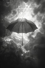 A user floats gently into the sky, carried by an umbrella, ascending gracefully towards the clouds.