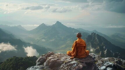 monk meditating mountain generative ai - obrazy, fototapety, plakaty