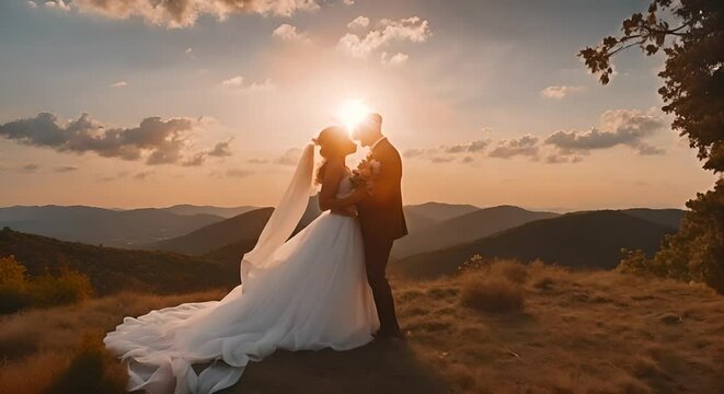Newly married couple on the top of a mountain.