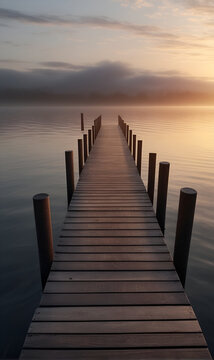 The wooden dock goes into the lake in a foggy morning photo