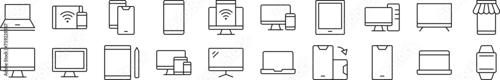 Poster pack of linear symbols of computers, phones, laptops. editable stroke. linear symbol for web sites, 