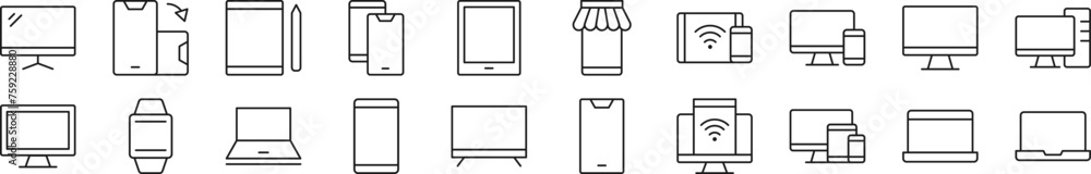 Poster bundle of linear symbols of computers, phones, laptops. editable stroke. linear symbol for web sites