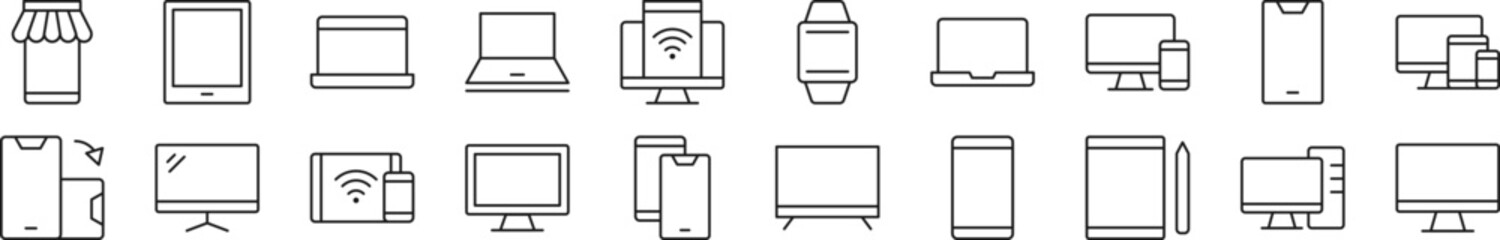Collection of thin signs of computers, phones, laptops. Editable stroke. Simple linear illustration for stores, shops, banners, design