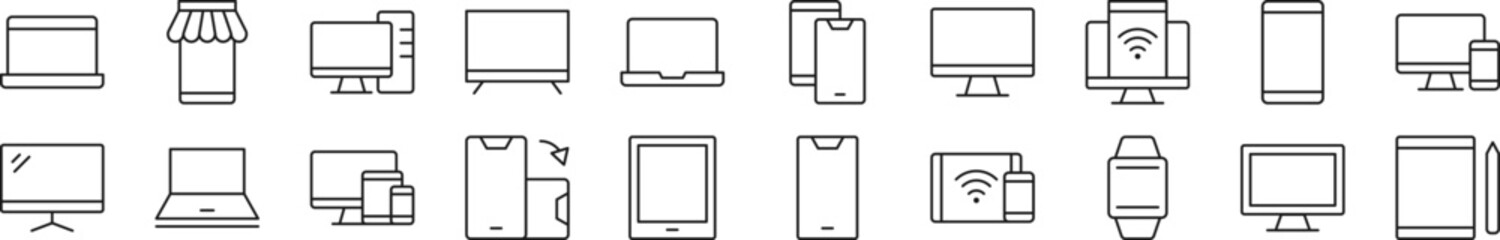 Set of line icons of computers, phones, laptops. Editable stroke. Simple outline sign for web sites, newspapers, articles book