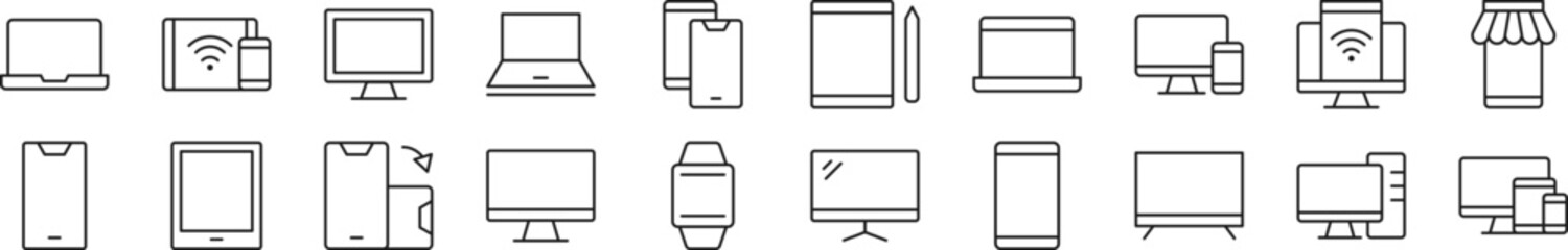 Computers, phones, laptops line icons collection. Editable stroke. Simple linear illustration for web sites, newspapers, articles book