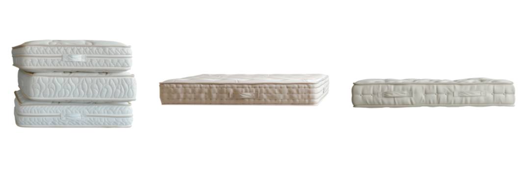 Set of large white mattresses isolated on a white or transparent background. Orthopedic mattresses close-up made of polyurethane foam, side view. Graphic design element on the theme of interior.