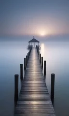 Foto op Plexiglas The wooden dock goes into the lake in a foggy morning photo © A_A88