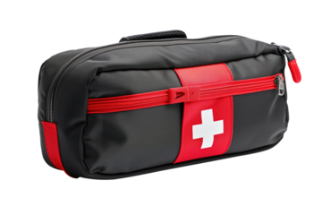 Ambulance bag with medicines, black and red, isolated on a white or transparent background. Emergency medical bag close up, side view. Medical theme design element.