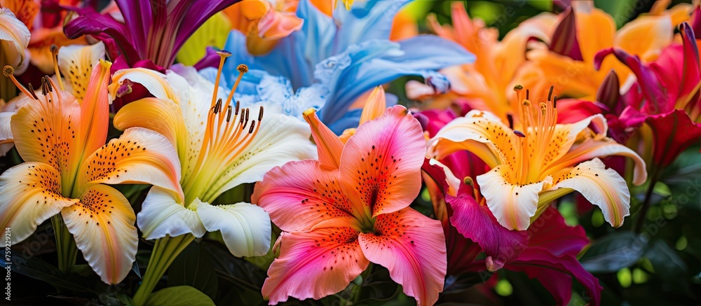 Canvas Prints A variety of colorful lilies, a terrestrial flowering plant, are blooming in a garden. These annual plants make beautiful cut flowers for flower arranging events, with electric blue petals