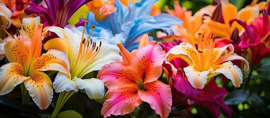 A variety of colorful lilies, a terrestrial flowering plant, are blooming in a garden. These annual plants make beautiful cut flowers for flower arranging events, with electric blue petals