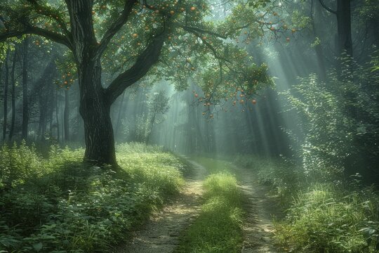 The shadow of a tree bearing fruits of light, illuminating a mystical forest path