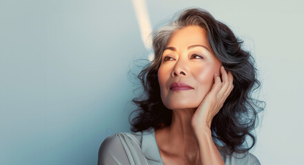 Asian woman face portrait with young smooth looking skin. 50 year beautiful Asian, Korean or Chinese woman portrait with hand on cheek and gray hair - obrazy, fototapety, plakaty