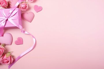 Pink ribbon, roses, and hearts on a soft background. - obrazy, fototapety, plakaty