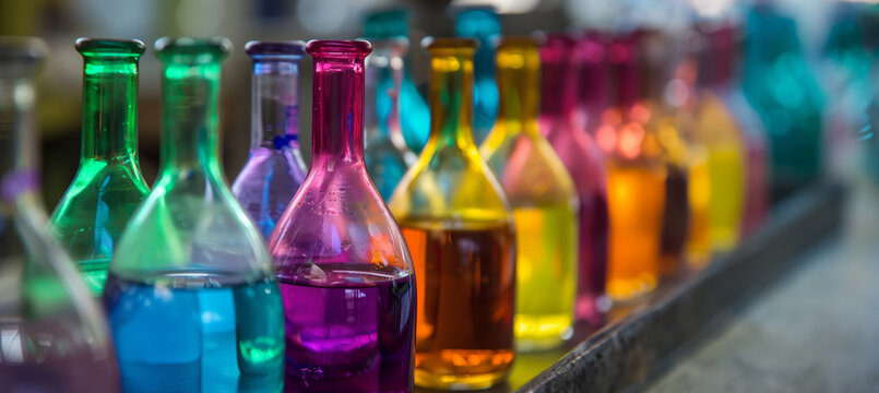 scientific glass beakers filled with colorful liquids lined up in a long row with copy space