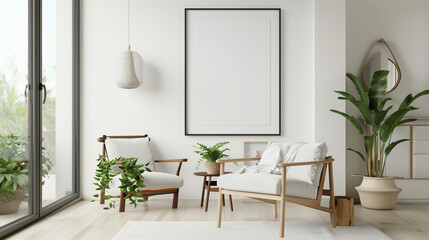 3 Frame mockup, ISO A paper size. Living room wall poster mockup. Interior mockup with house background. Modern interior design. 3D render	