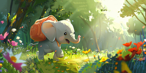 Naklejka premium 3d cartoon cute baby elephant with an oversized backpack wanders through a forest glade