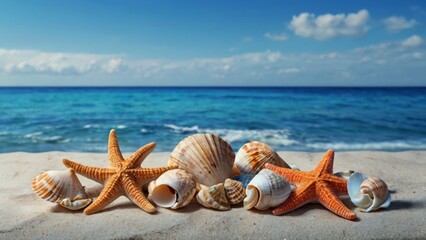 Fototapeta na wymiar A tranquil beach scene adorned with sea shells and starfish against a backdrop of serene blue sea.