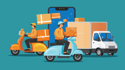 Fototapeta premium 2d vector illustration A courier wearing a shirt is delivering a package mobile with location gps