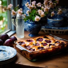 Homemade plum cake in porcelain mold, German traditions, rustic style, close up