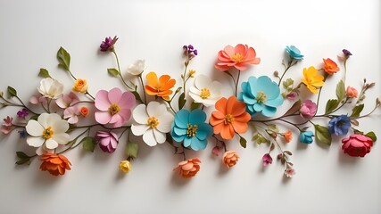 "Petite Palette: Tiny Multicolor Flowers Adorning a White Wall, Ideal for Graphic Resources"