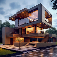 Architecture modern exterior building design. Modern house in the evening.