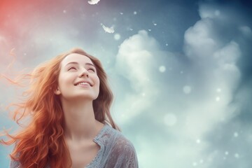 Redheaded woman smiling upwards amidst butterflies and a dreamy cloud background.