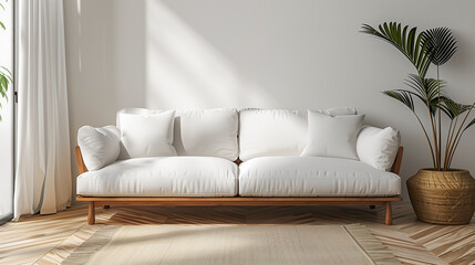 White sofa on wooden parquet. Minimalist, scandinavian home interior design of modern living room. - obrazy, fototapety, plakaty
