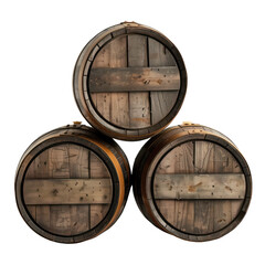 Old wooden barrels isolated on a white or transparent background. Barrels for storing whiskey or cognac are stacked in a pyramid on top of each other, side view, close-up. Graphic design element.