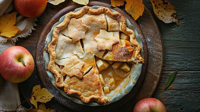 overhead view of whole apple pie with golden perfect crust on a wooden table with apples and leaves