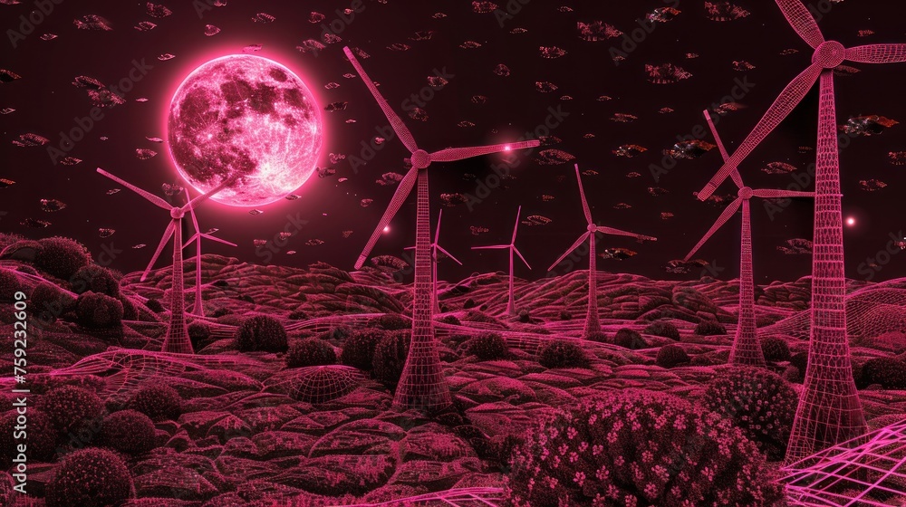 Poster a bunch of windmills in the middle of a field with a full moon in the sky in the background.