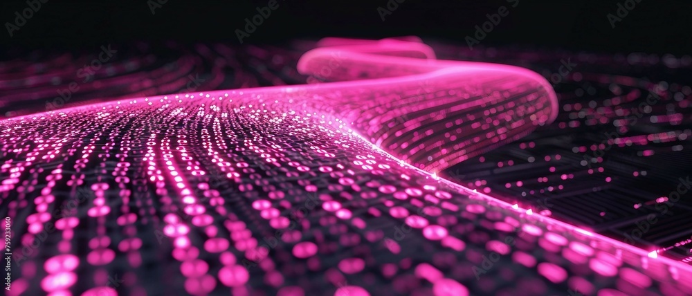 Poster digital road illuminated by pink matrix of binary code. digital winding road isolated on black backg