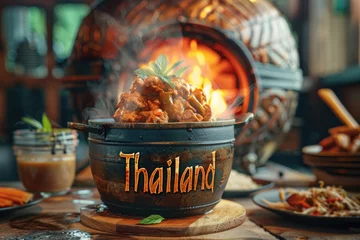 Fotobehang Lettering "Thailand" THAI cuisine, chili pepper, sweet and sour sauce. Soup © Al