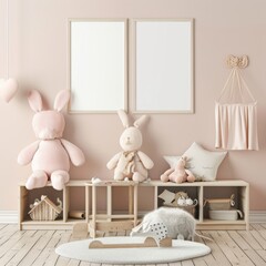Frame mockup, Child's Room Mockup with Stuffed Animals and Pillows, high-resolution (300 DPI)