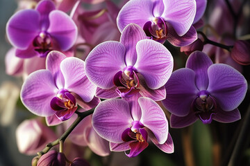 Close up of vibrant purple orchids with delicate textures.