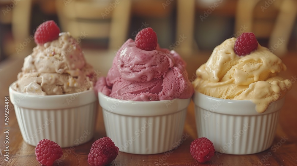 Aufkleber three scoops of ice cream with raspberries on the top of the ice cream and on the bottom of the ice 