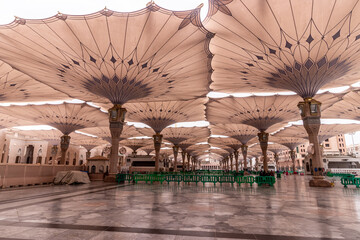 Shading umbrellas of the Prophet's Mosque in Al Haram area of Medina, Saudi Arabia