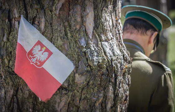 Polish flag in National Historic Monument - Bykivnia graves, Ukraine unmarked mass grave of people killed during Stalinist period