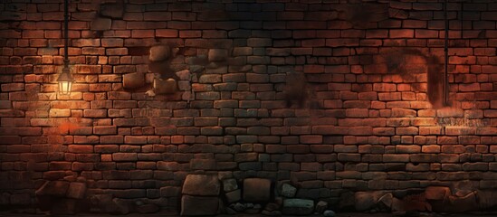 A dark brown brick wall adorned with a few lights hanging from it, showcasing a beautiful pattern...